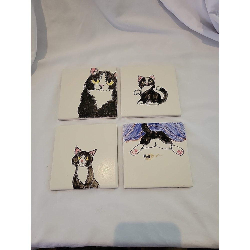 Cat Coasters Ceramic Black And White Cork Back Hand Painted Set Of 4 OOAK